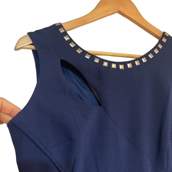 Adrianna Papell navy studded sheath dress with cut out  & asymmetrical seams, NW - Picture 3 of 13